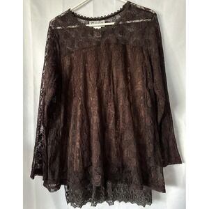 Lady Noie Women's Blouse LG Brown Satin Lining Tunic Lace Overlay Embroidered